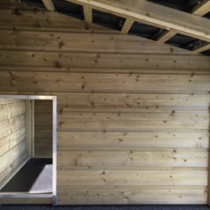 The dog kennel Rex 1 has a wooden partition wall with an opening to the sleeping compartment