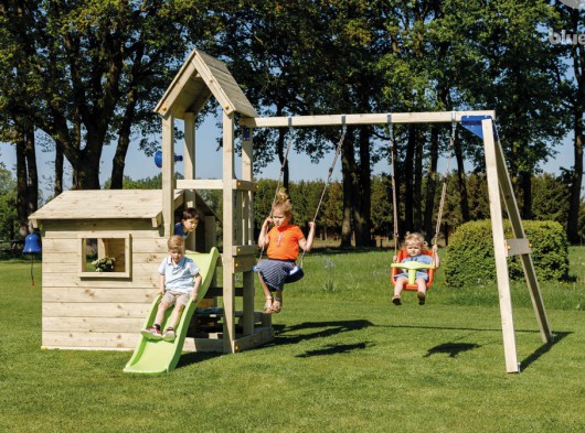 Playhouse Lookout low with slide and swing | Blue Rabbit