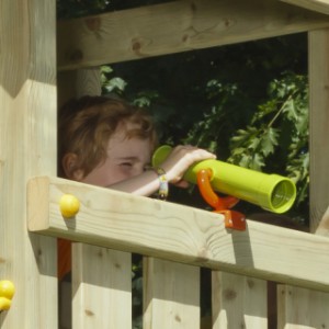 The lime green telescope is made of plastic