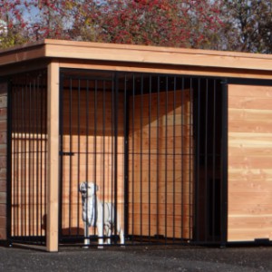 The dog kennel is made of Douglaswood and black bar panels
