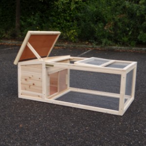 The rabbit hutch Lily has a hinged roof in the run