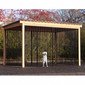 Dog kennel FLINQ black with roof and Douglaswooden frame 318x218cm