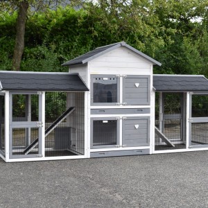 Rabbit house Double Medium with 2 runs chewprotection - White-Grey 298x90x143cm