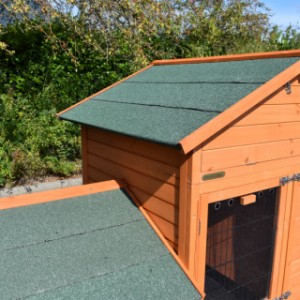 The rabbit hutch and the run are provided with green roofing felt