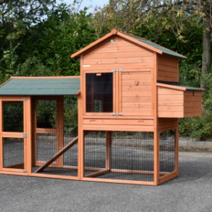Chickenshed Prestige Large with chicken run on the left and laying nest on the right