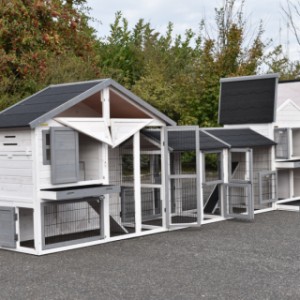 The combination chickencoops has many openings