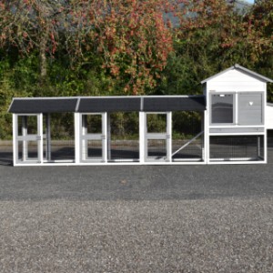 The chickencoop Prestige Medium is extended with 3 runs and a laying nest