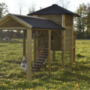 The roof of the chickencoop and the run are both provided with black roofing felt