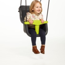 The baby swing is provided with a lime green T-piece