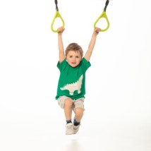 The trapeze is provided with lime green plastic rings