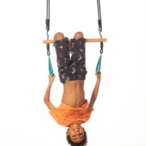 The trapeze is provided with turquoise plastic rings