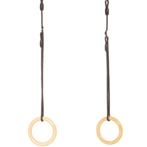 The wooden gymnastic rings are provided with black BR-rope