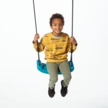 The swing seat is made of turquoise plastic