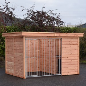 The dog kennel is provided with wooden roof edges