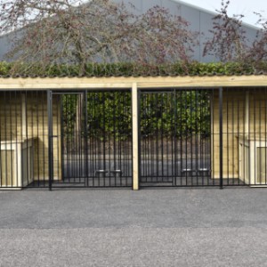 The kennel is provided with black bar panels