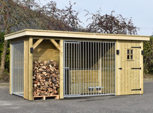 Dog kennel Modul COMBI with fire wood compartment and storage room 462x240x209cm