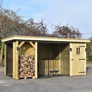 Dog kennel Modul COMBI with storage room and fire wood space 462x241x209cm