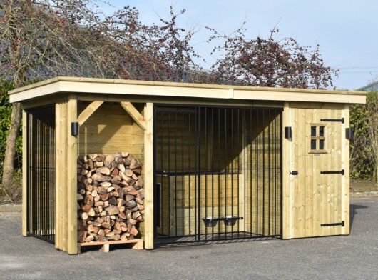 Dog kennel Modul COMBI with storage room and fire wood space 462x241x209cm