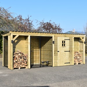 Dog kennel Modul COMBI with storage room, canopy and 2 firewood compartments 553x185x209cm