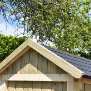 The pointed roof is provided with black roof shingles