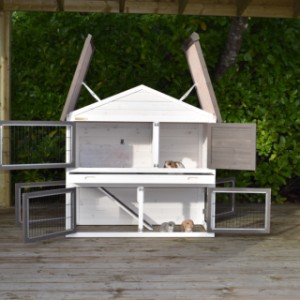 The rabbit hutch has hinged roofs with a practical storage space underneath