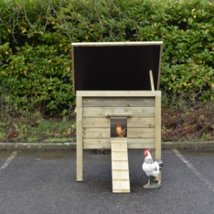 The roof of the Chicky chicken coop can be propped open with a support
