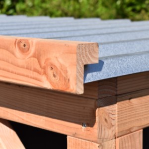 The roof of the Belle chicken coop is finished at the front with a decorative wooden slat