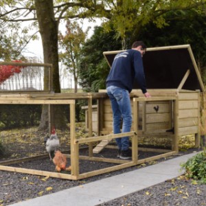 Engels: Chicken coop Eggy with run and nesting box - Open the door for even easier cleaning.