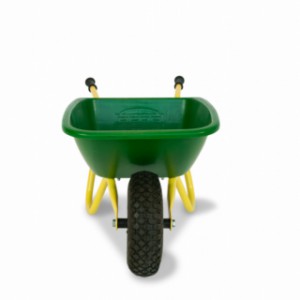 The green wheelbarrow is provided with a yellow frame