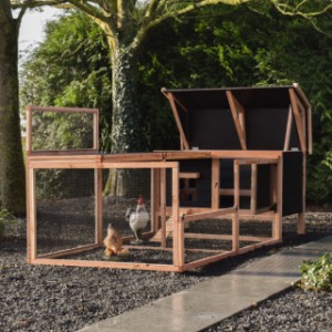 Chicken coop Eggy with run - Smart design! The half roof opens easily for access.