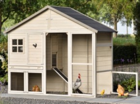 Chicken coop Holiday Large is modern, spacious, and light grey/beige in color.