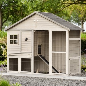Rabbit hutch Holiday Large is modern, spacious, and light grey/beige in color.