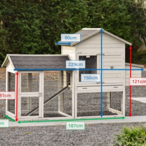 Dimensions of the Prestige Medium Light Grey rabbit hutch with run and nesting box 229x90x150 cm