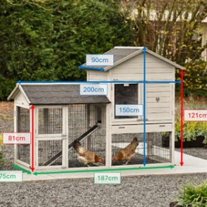 Dimensions of the Prestige Medium Light Grey chicken coop with run on the left 200x90x150 cm