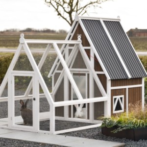 Rabbit hutch Pip with run in farmhouse style, featuring a high pitched roof and a characteristic rural look