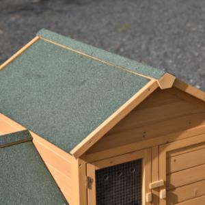 The roof of chicken coop Action is covered with dark green roofing felt