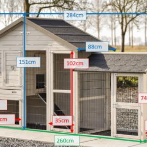 Various dimensions of the chickencoop Holiday Medium with additional run