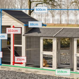 Various dimensions of the chickencoop Holiday Medium with 2 runs and laying nest