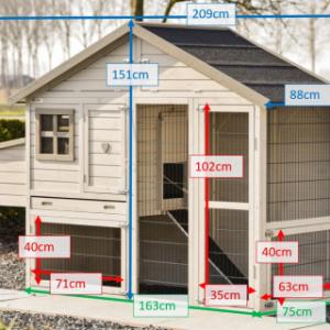 Various dimensions of the rabbit hutch Holiday Medium with nesting box