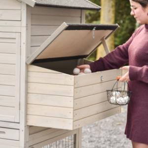 The laying nest of the chickencoop Prestige Large is provided with a hinged roof