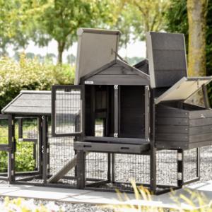 The Prestige Small chicken coop has many doors and hinged roofs.