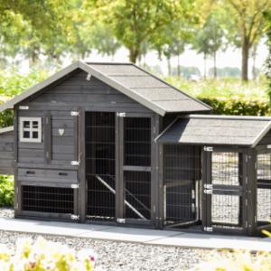 The chickencoop Holiday Small Black is extended with a run Space Small and a laying nest