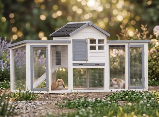 Advance Double Rabbit Hutch white/grey, with 2 covered runs 185x62x93cm