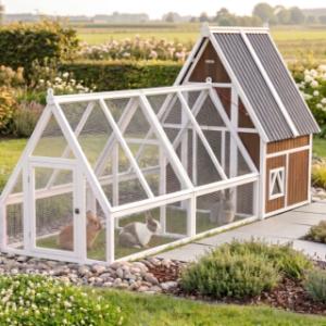 Rabbit hutch Pip with run in farmhouse style, featuring a high pitched roof and a characteristic rural look