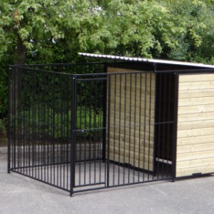 Black powdercoated dog kennel with sleeping compartment