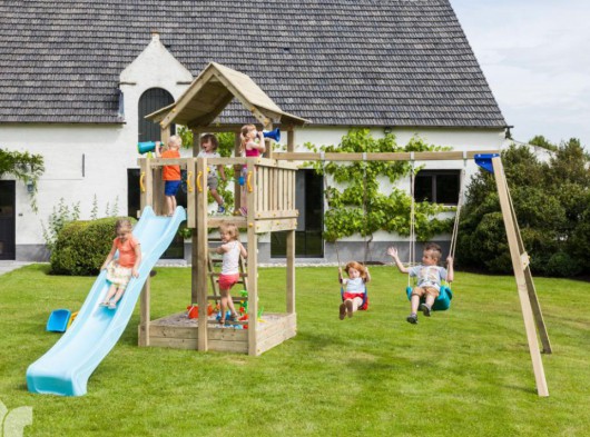 Blue Rabbit Pagoda high play tower with slide and swing extension