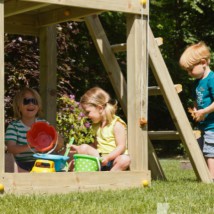 A sandbox can be installed underneath the Kiosk high playset