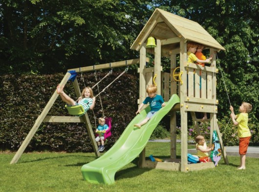 Blue Rabbit Kiosk high playset with attached swing and slide