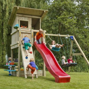 The high Beach Hut play tower is supplied without the accessories shown