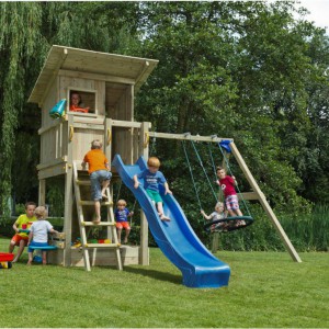 Play equipment Beach hut low with swing and slide | Blue Rabbit